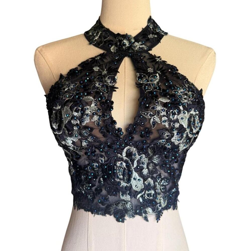 Stunning navy embroidered lace halter